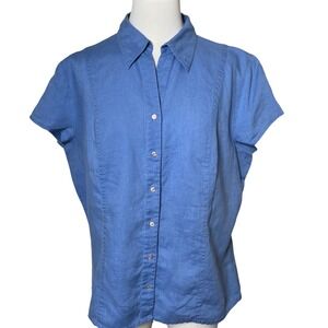 Linen Button Down Shirt Blue Short Sleeve Lightweight Women Size 14‎ Via Seta